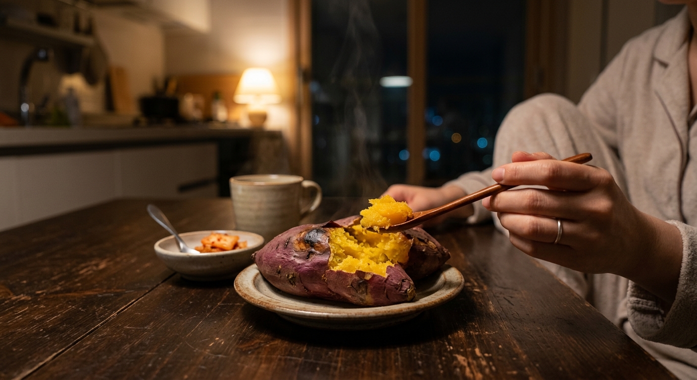 따뜻하게 익힌 고구마 한 개가 접시에 담긴 모습