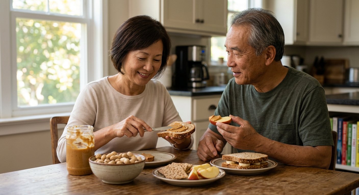 천연 땅콩버터와 건강한 지방 식품이 놓인 식탁 이미지