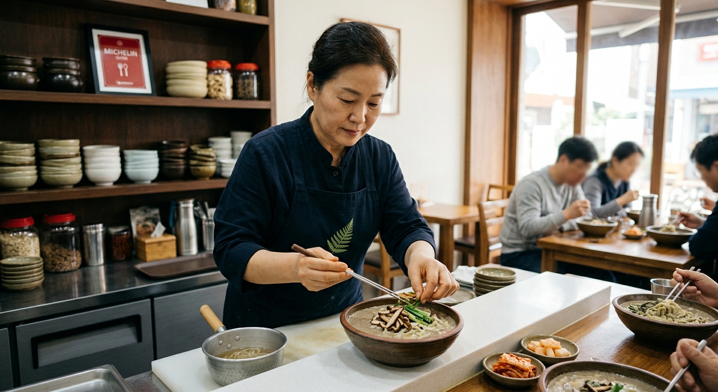 전통시장 분위기 속 채소와 들깨가 어우러진 채식 국수 한 그릇