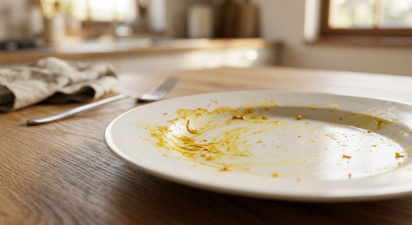 설거지 후에도 노란 흔적이 남은 플라스틱 그릇의 클로즈업