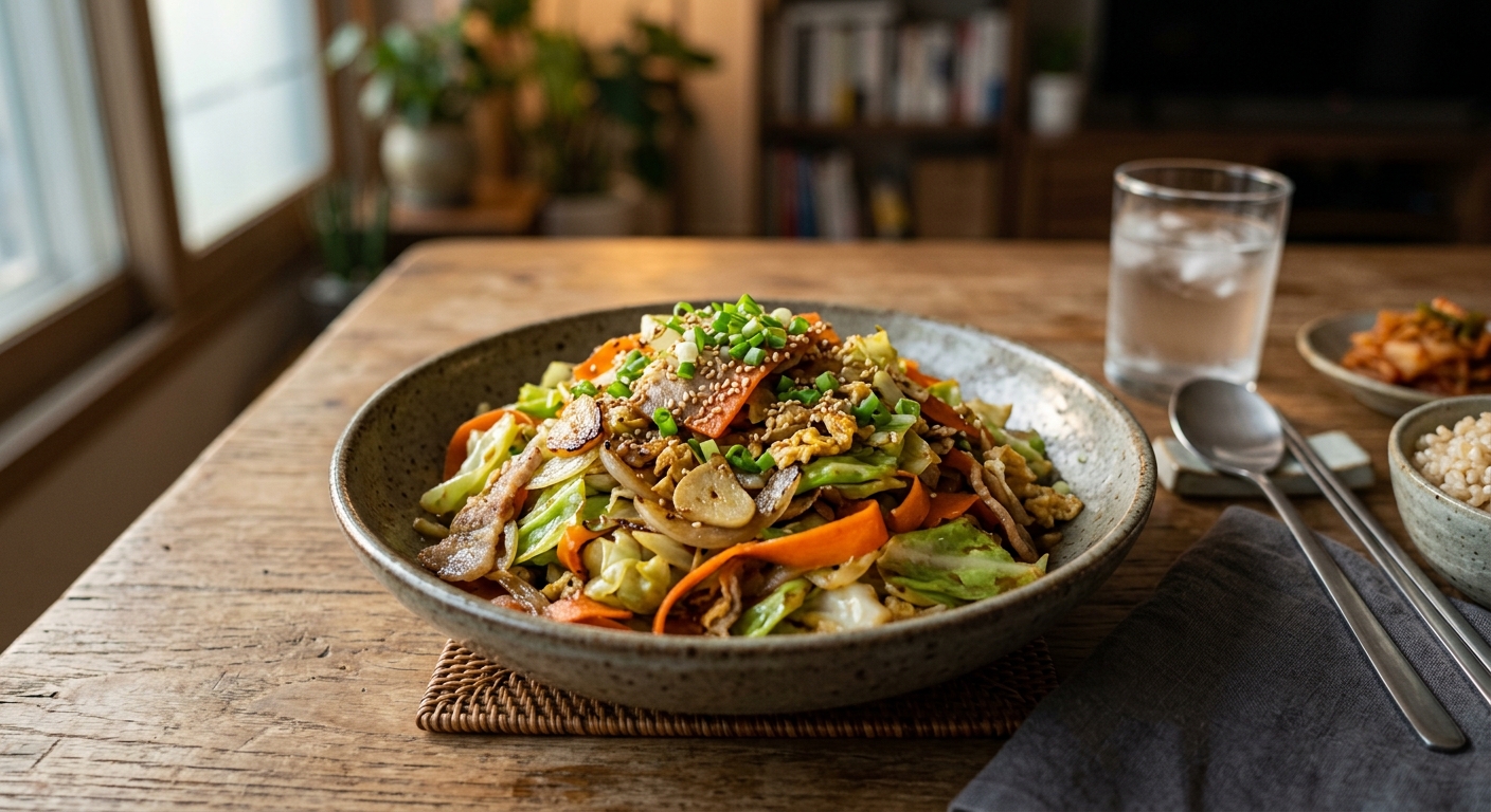 양배추 당근 볶음과 계란, 두부가 함께 놓인 건강한 식사