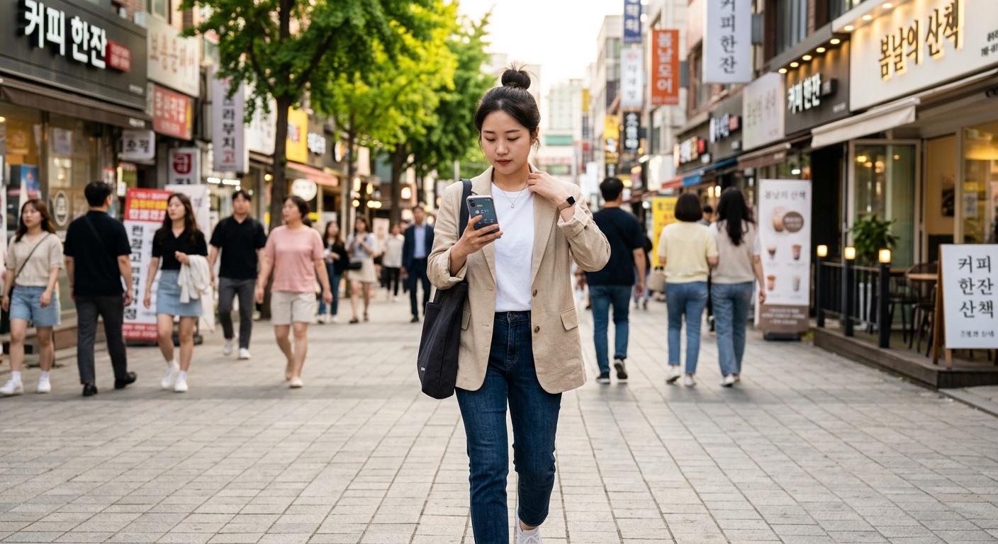 밝은 햇볕 아래 모자와 선글라스를 착용한 봄철 외출 모습