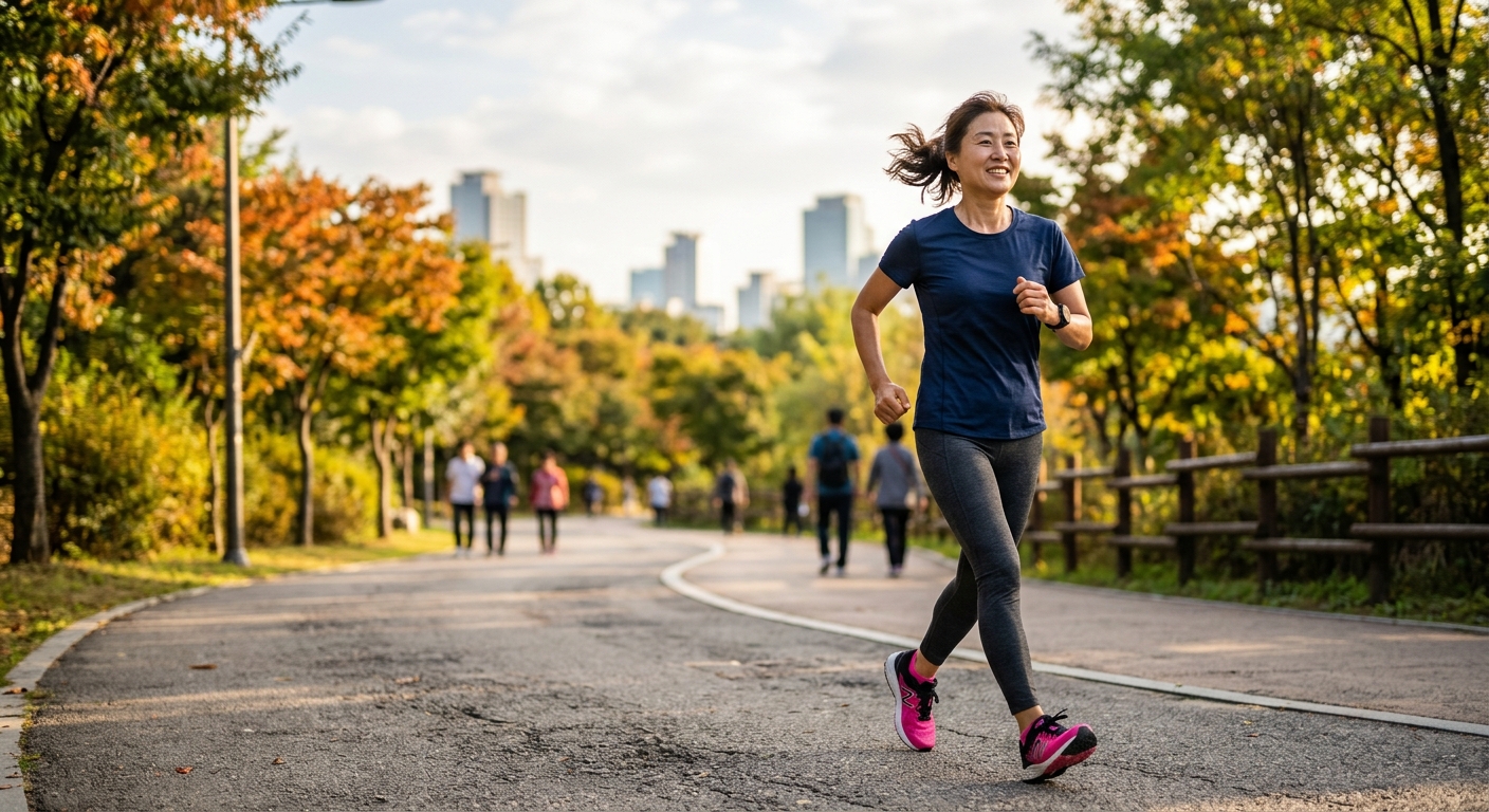 공원에서 규칙적으로 걷기 운동을 하는 성인들의 모습