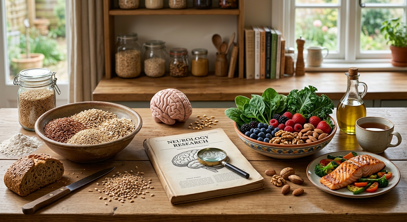 가공된 오트밀 제품과 통현미, 그래놀라를 비교해 보여주는 식품 구성 이미지