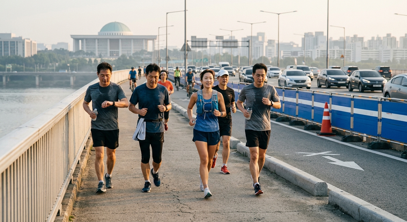 서울 도심 일부 차로가 통제된 상태에서 시민들이 안전하게 걷고 달리는 모습