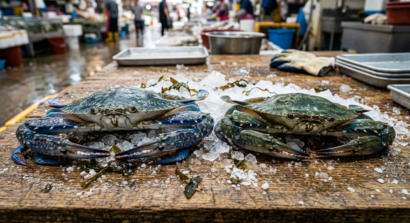 푸른빛 다리와 단단한 등딱지를 가진 수입 꽃게 비교 이미지