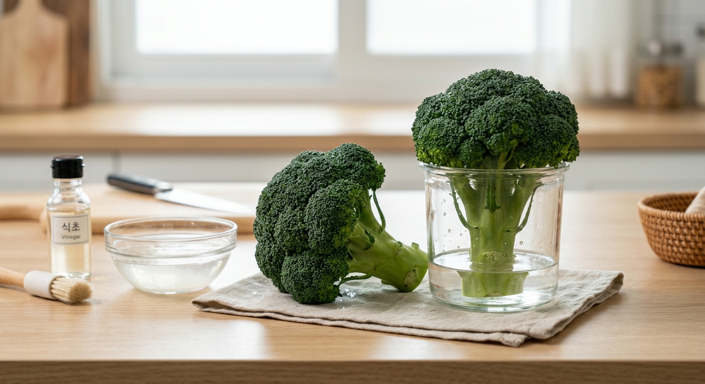 키친타월로 줄기를 감싸 세워 둔 브로콜리 보관 모습