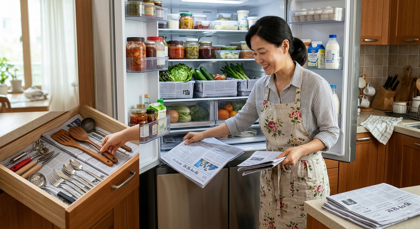 신문지를 활용해 냉장고 채소칸과 주방 서랍을 정리한 장면