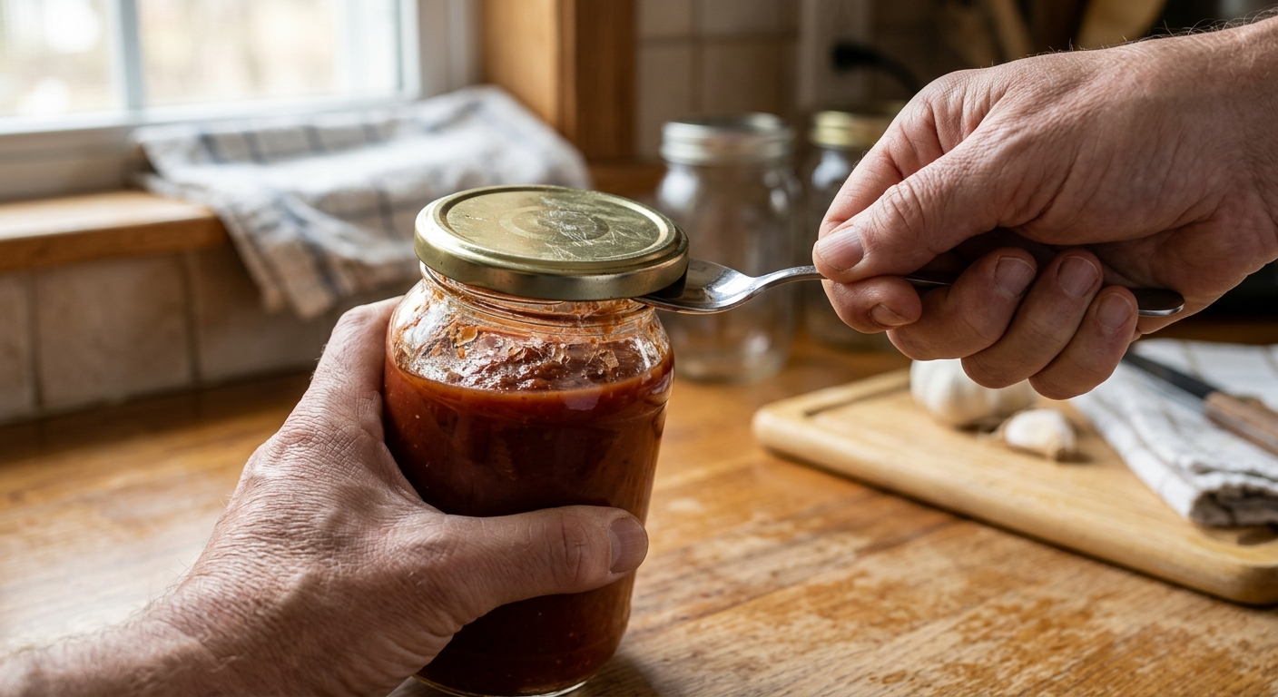 병 몸통을 잡고 뚜껑 테두리를 숟가락으로 조심스럽게 여는 손 이미지