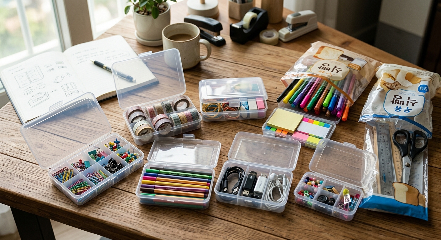 샌드위치 케이스에 클립 지우개 USB 등 문구류가 정리된 책상 서랍