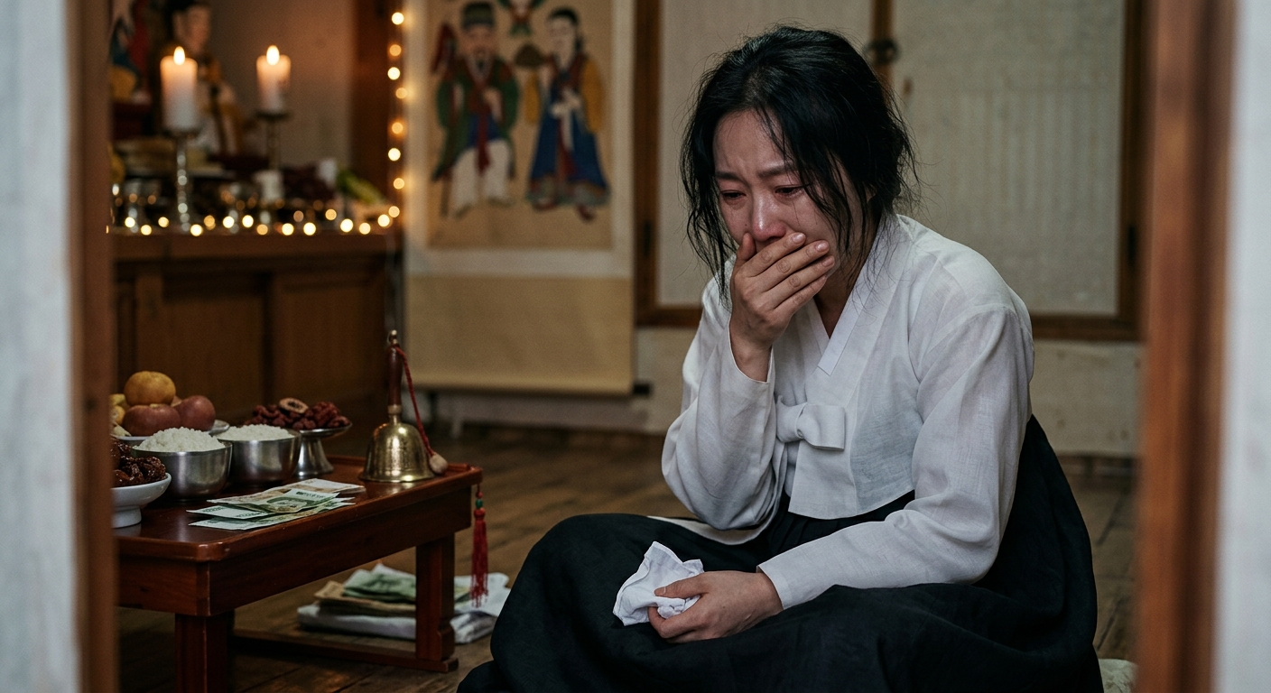 가족을 걱정하며 눈물짓는 감정을 상징적으로 담은 따뜻하면서도 먹먹한 분위기의 이미지