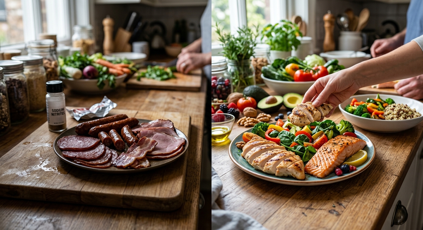 베이컨과 소시지 같은 가공육이 접시에 담긴 모습
