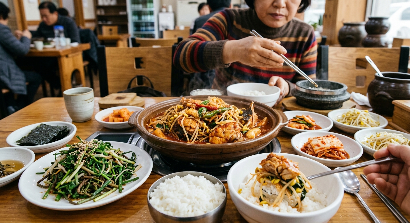 대구뽈찜과 봄나물, 흰쌀밥이 함께 차려진 식탁