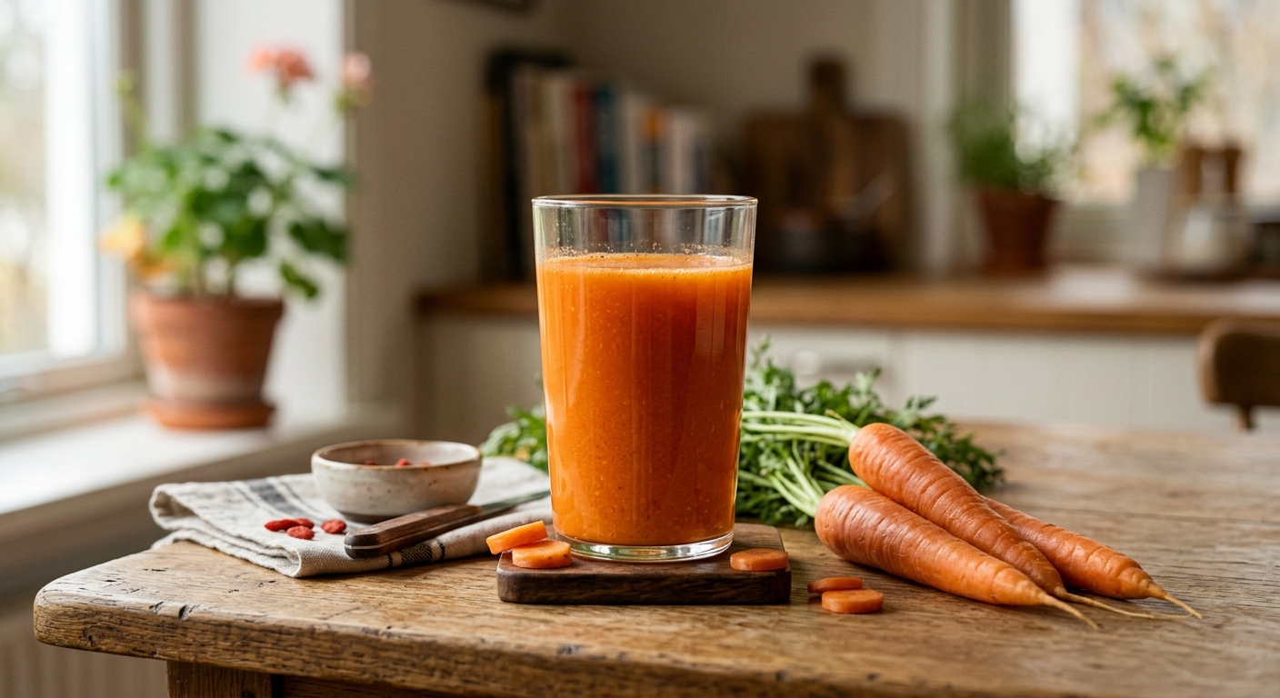 당근주스가 담긴 컵과 나무 도마 위 생당근
