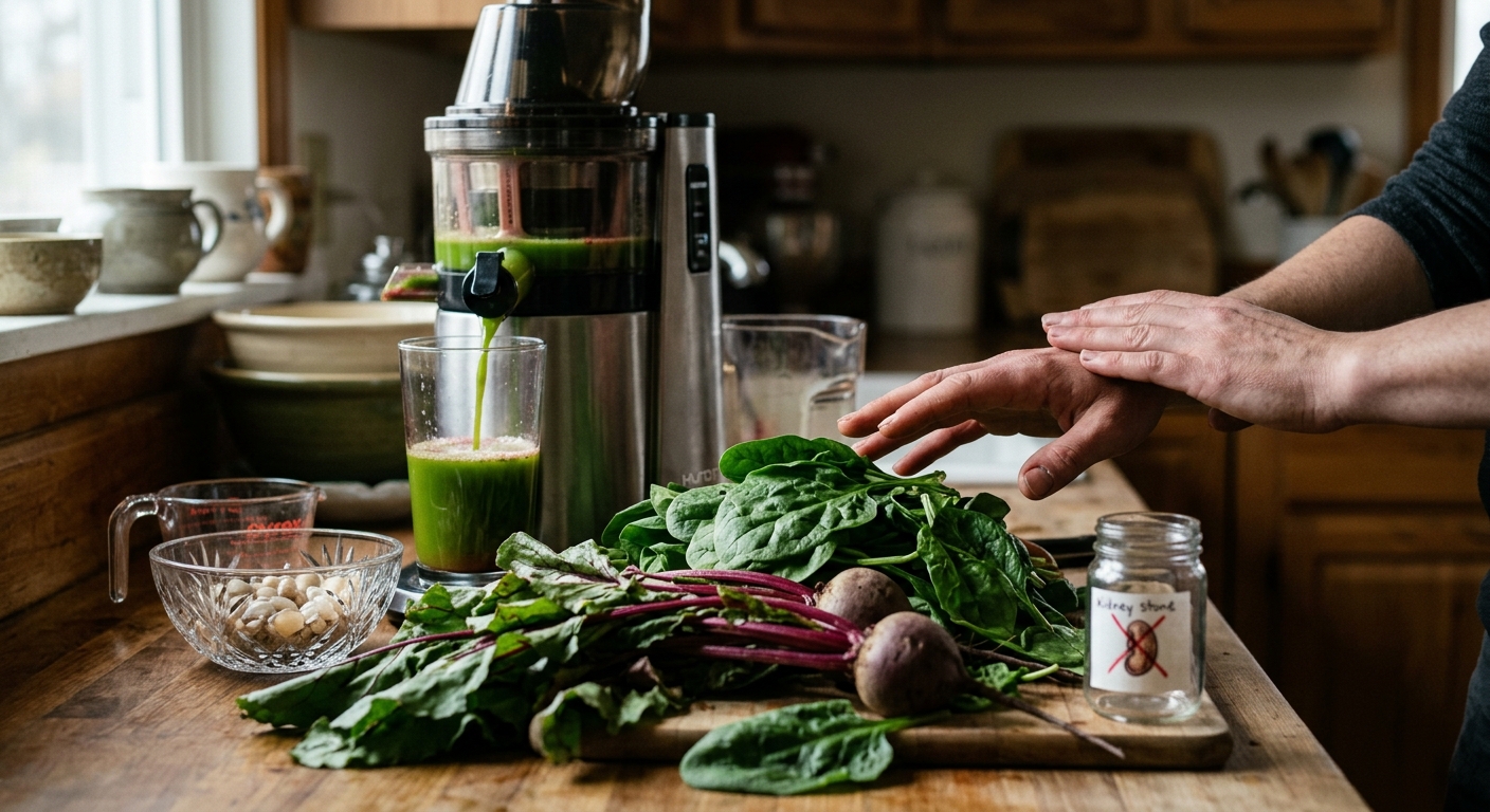 채소 스무디와 혈당 측정기, 물컵이 함께 놓인 건강 식단 이미지