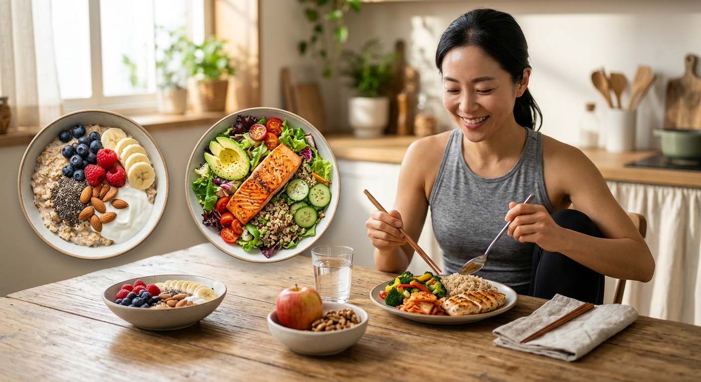 채소 절반, 단백질과 탄수화물이 나뉜 건강한 식판 구성