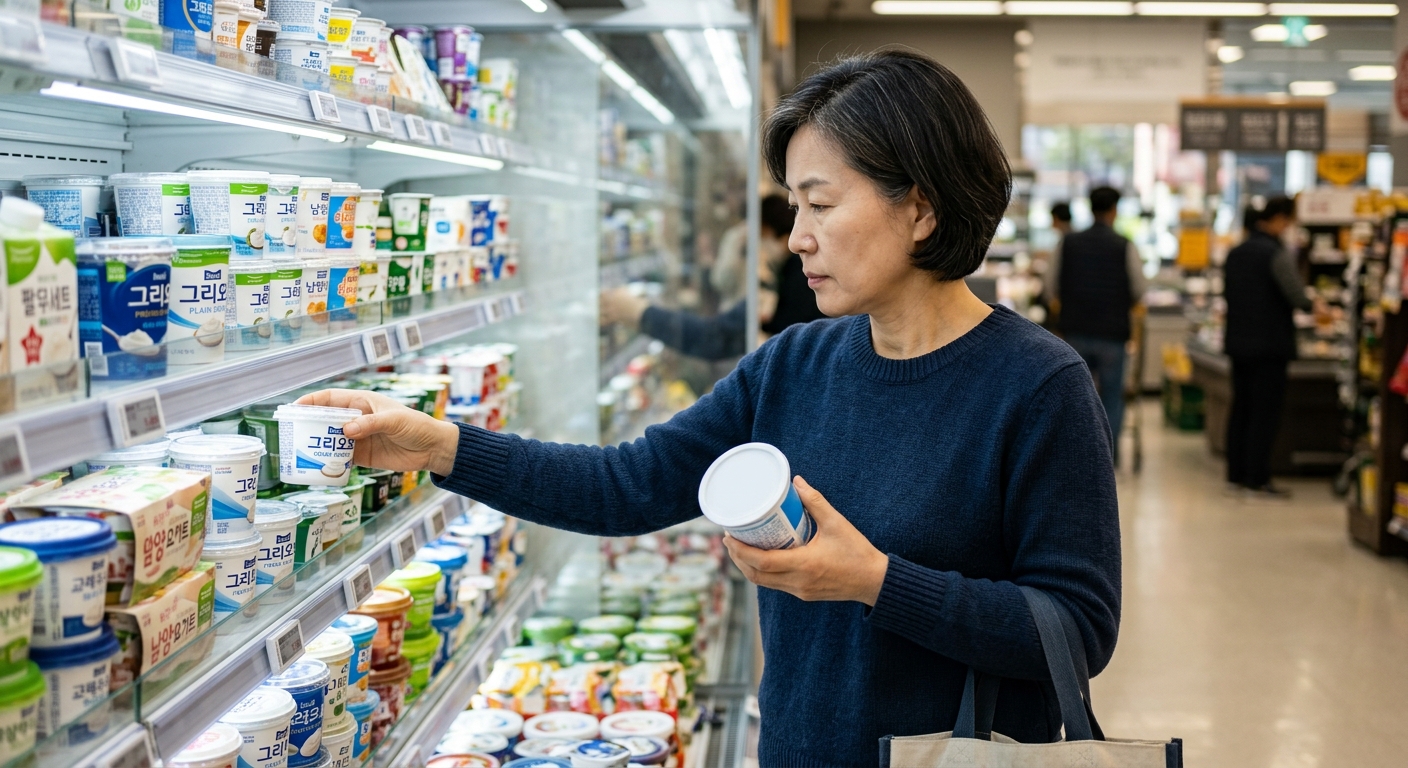 플레인 요거트 영양성분 라벨을 확인하는 손과 여러 종류의 요거트 제품