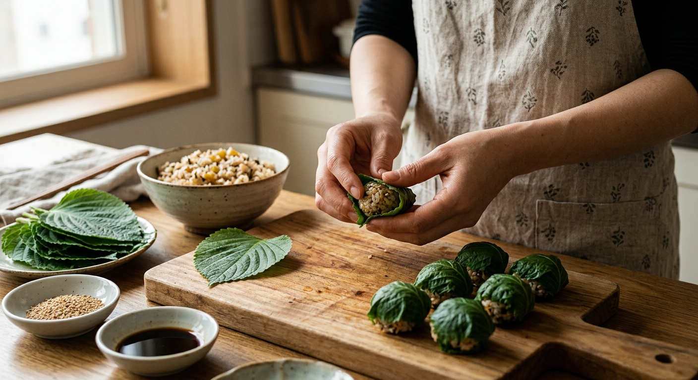 돌돌 만 깻잎 주먹밥의 단면이 보이도록 반으로 잘라 플레이팅한 장면