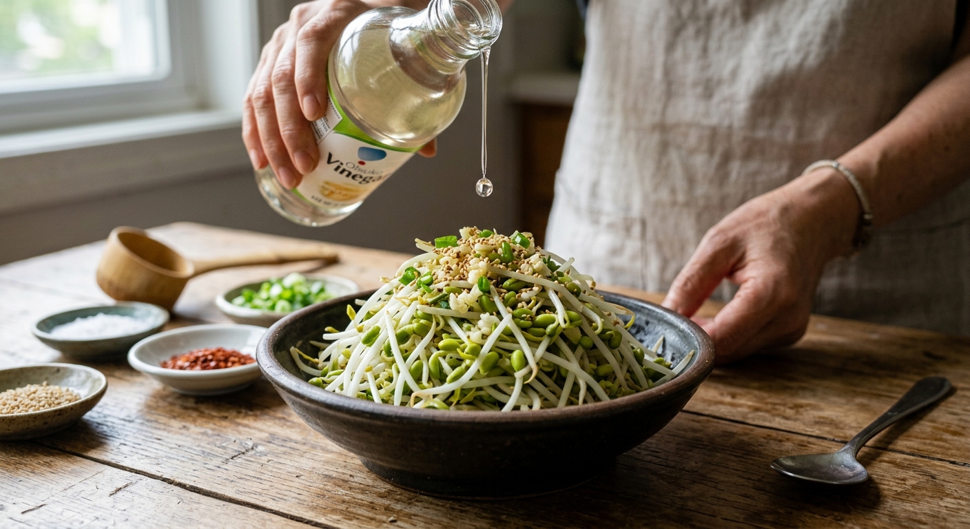 양념한 숙주에 식초를 몇 방울 떨어뜨려 깔끔한 맛을 더하는 모습
