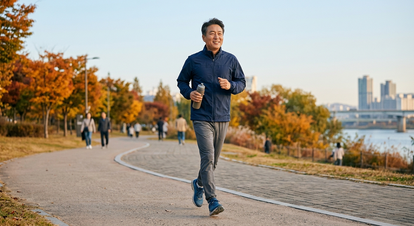 운동화, 채소, 물, 금연 표시, 수면 안대 등 건강 습관을 상징하는 물건들