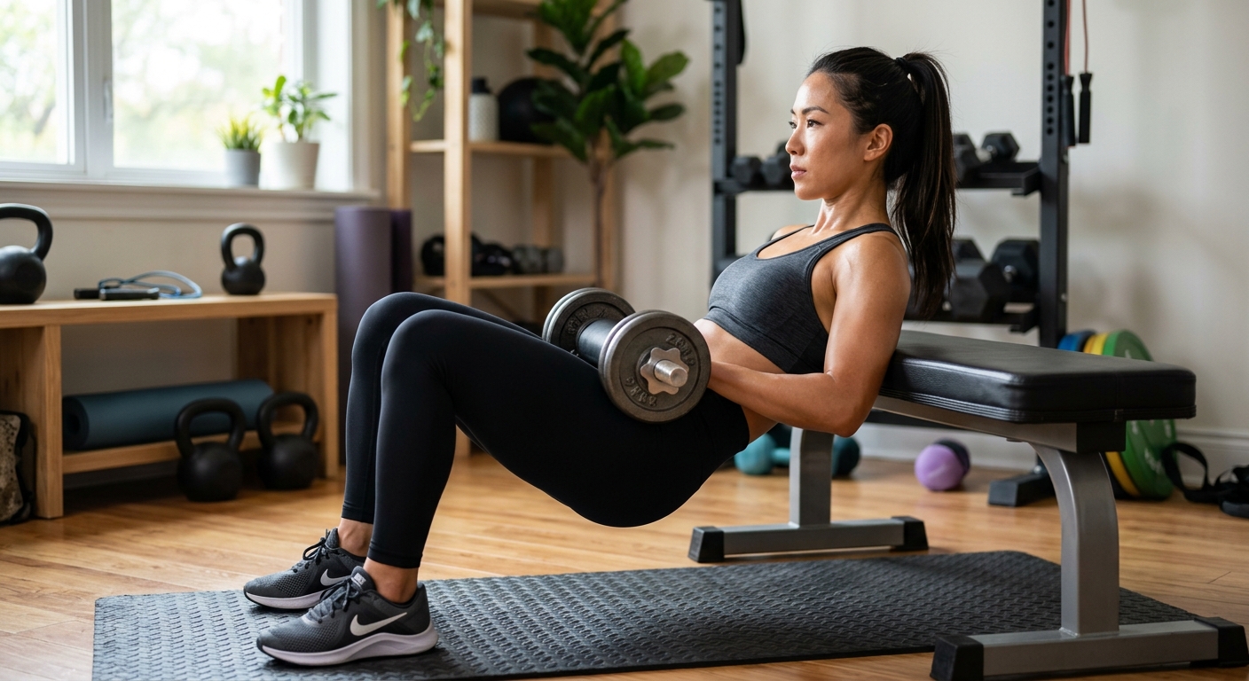 벤치에 등을 기대고 덤벨을 골반 위에 올린 채 힙 쓰러스트를 하는 모습