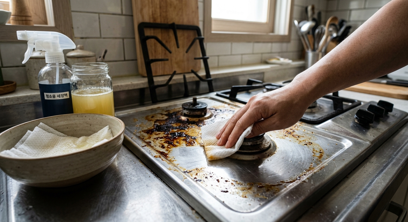 가스레인지 주변의 기름때를 되살린 물티슈로 닦아내는 주방 청소 장면