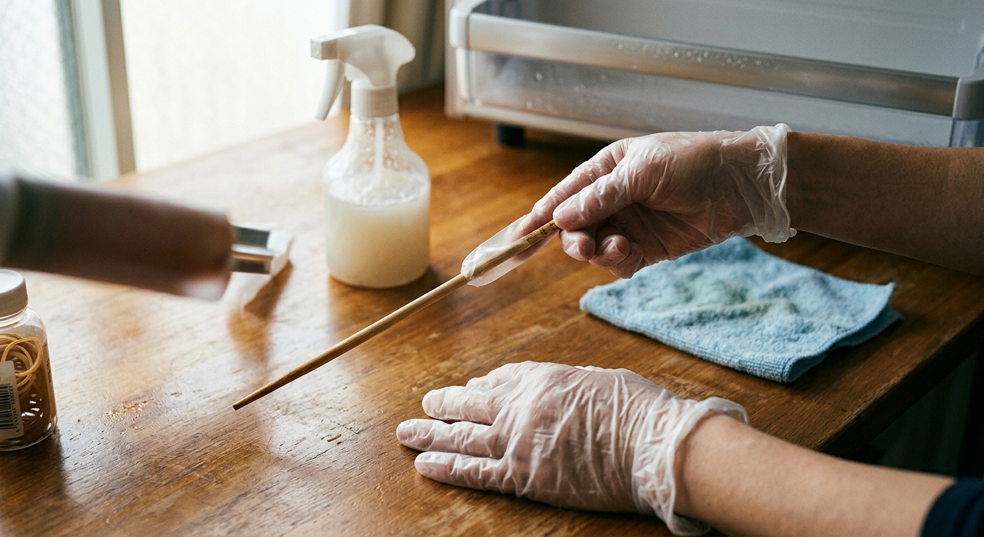 비닐장갑과 극세사 천을 이용해 좁은 창틀 틈새 먼지를 청소하는 장면