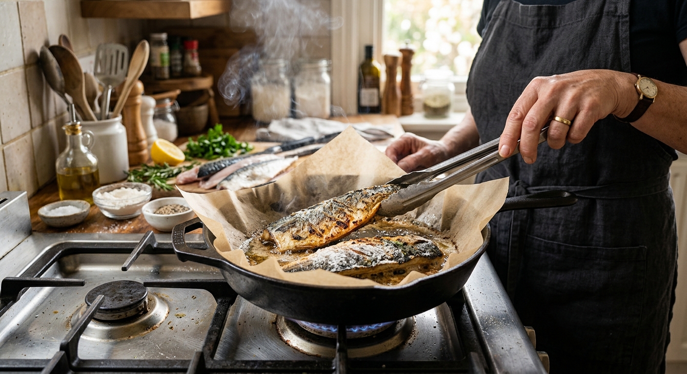 프라이팬 위 종이 호일에 올린 생선을 굽는 장면