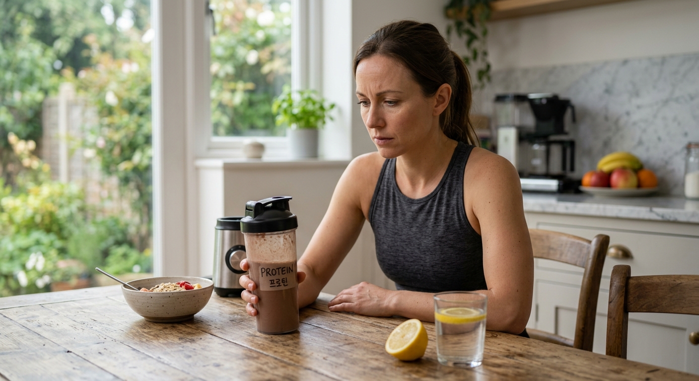 쉐이커 보틀과 단백질 파우더가 놓인 운동 후 아침 식탁