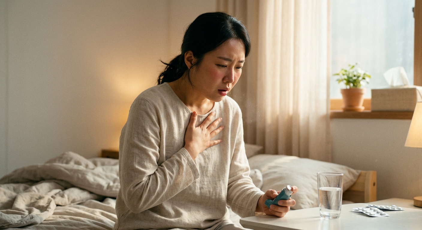 호흡기 증상으로 가슴을 짚고 있는 성인의 모습