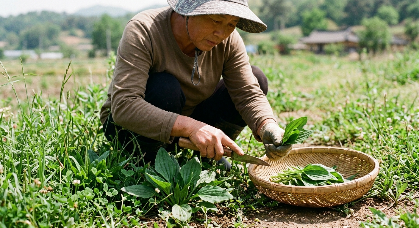 청결한 야외 환경에서 어린 질경이 잎을 조심스럽게 채취하는 모습