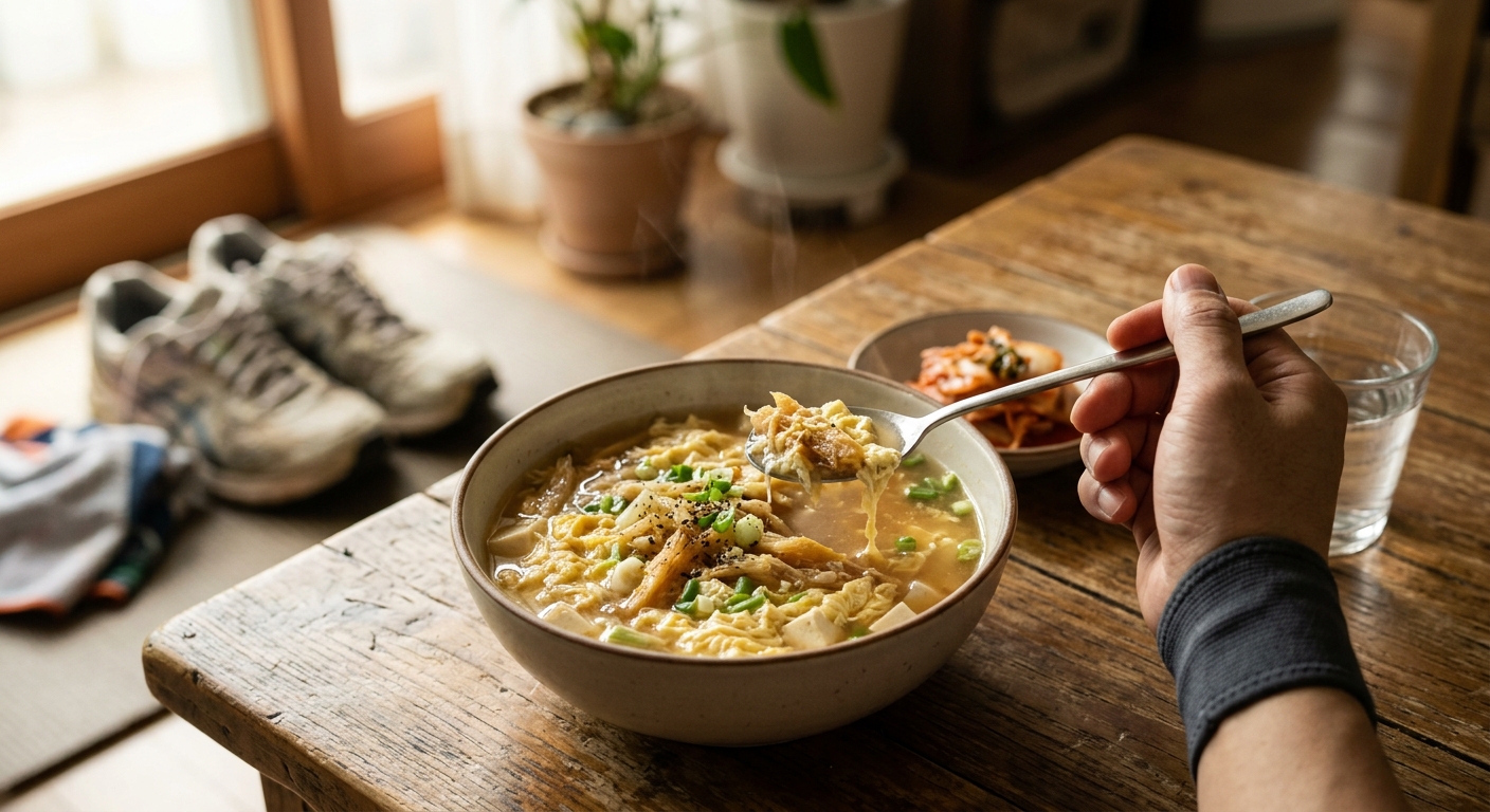 북어국에 달걀이 풀어진 모습으로 단백질 시너지 식단을 보여주는 건강 음식 이미지
