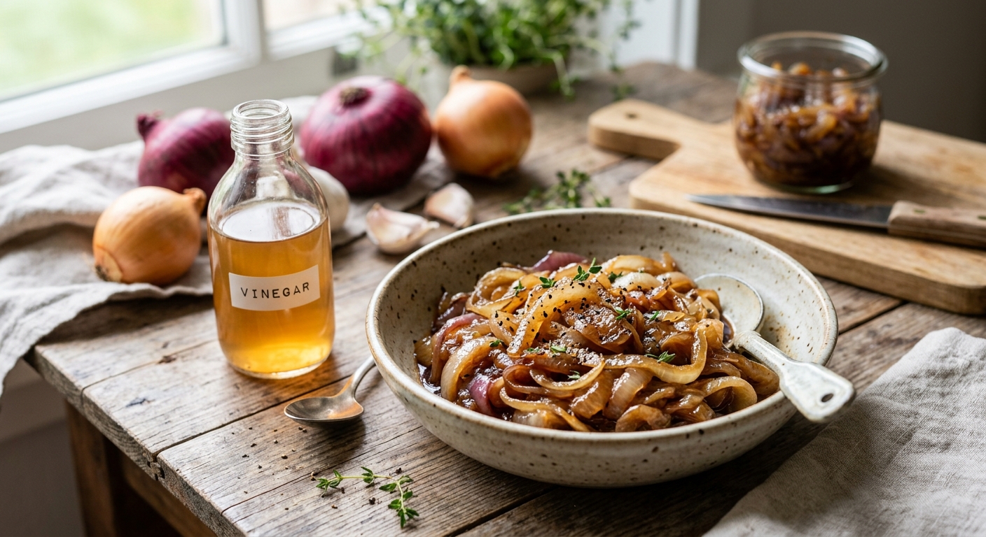 쪄서 부드러워진 양파와 작은 그릇의 식초가 함께 놓인 모습