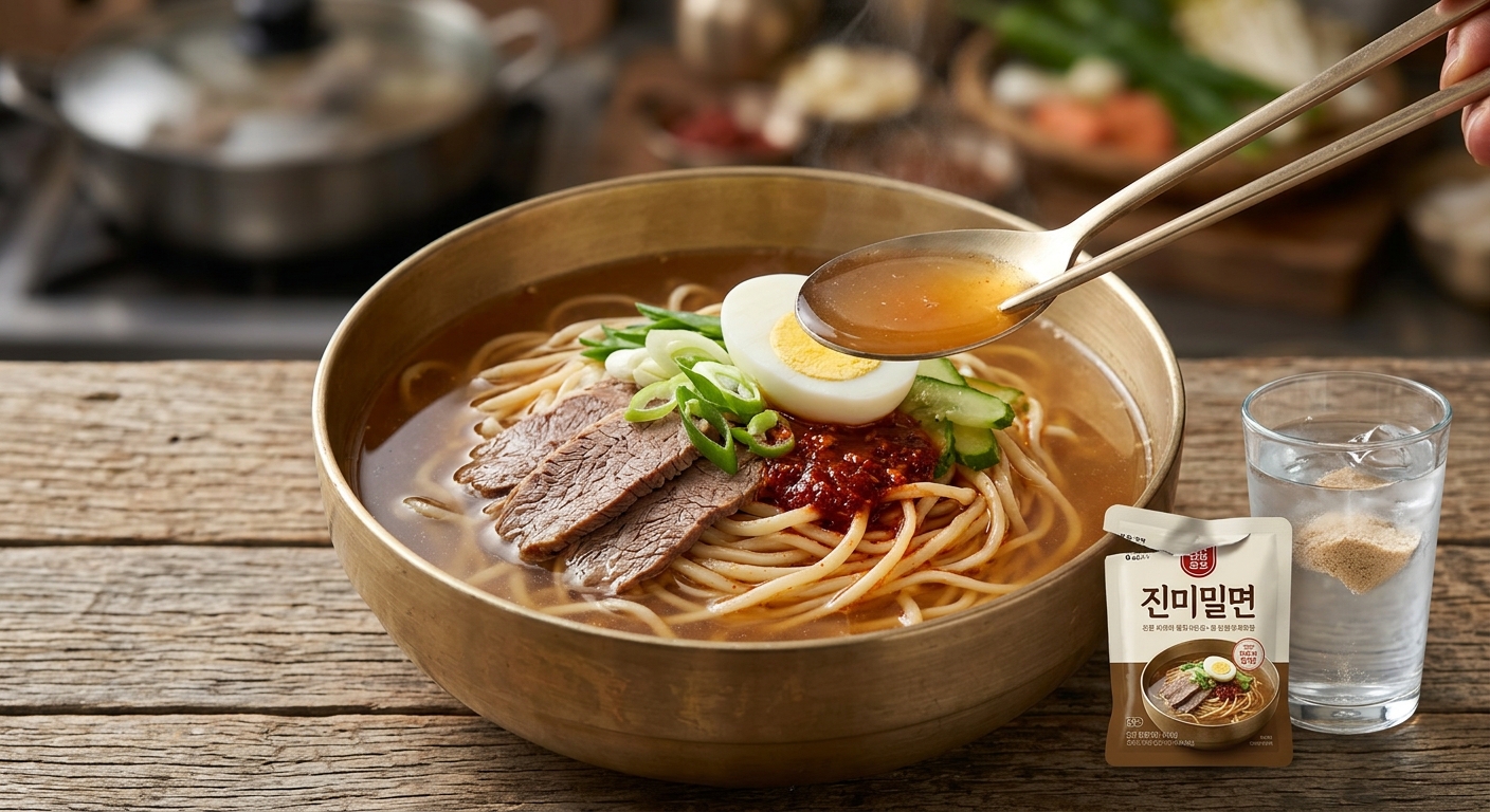 차가운 육수에 담긴 밀면 스타일 라면 한 그릇 이미지