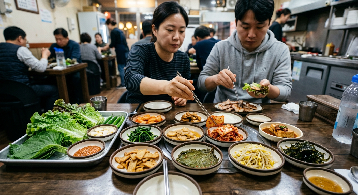 국밥집 김치와 고기집 쌈채소가 각각 놓인 식탁 비교 장면