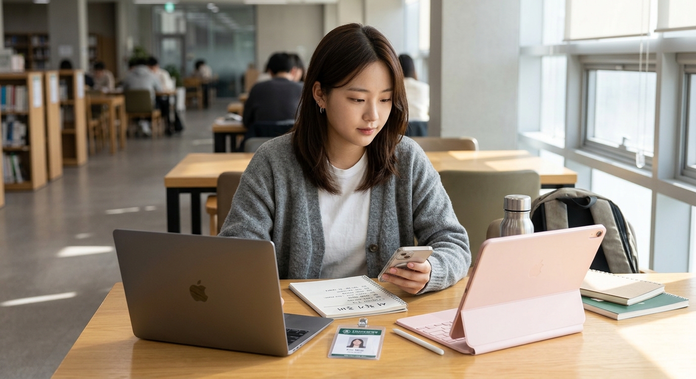 노트북과 태블릿을 비교하며 교육할인 구매를 고민하는 대학생