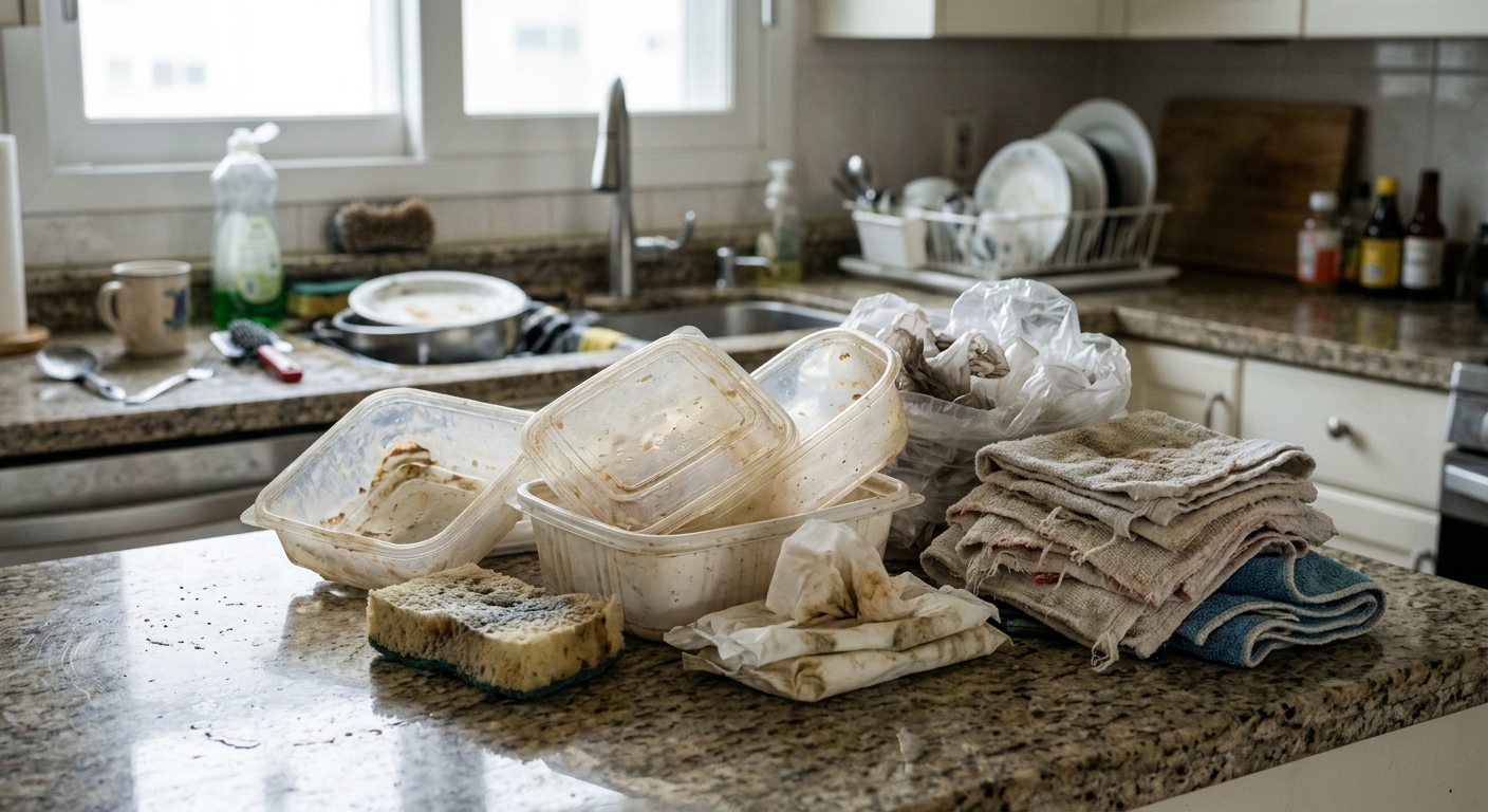 부엌 서랍에 여러 종류의 일회용 플라스틱 용기가 가득 쌓인 모습