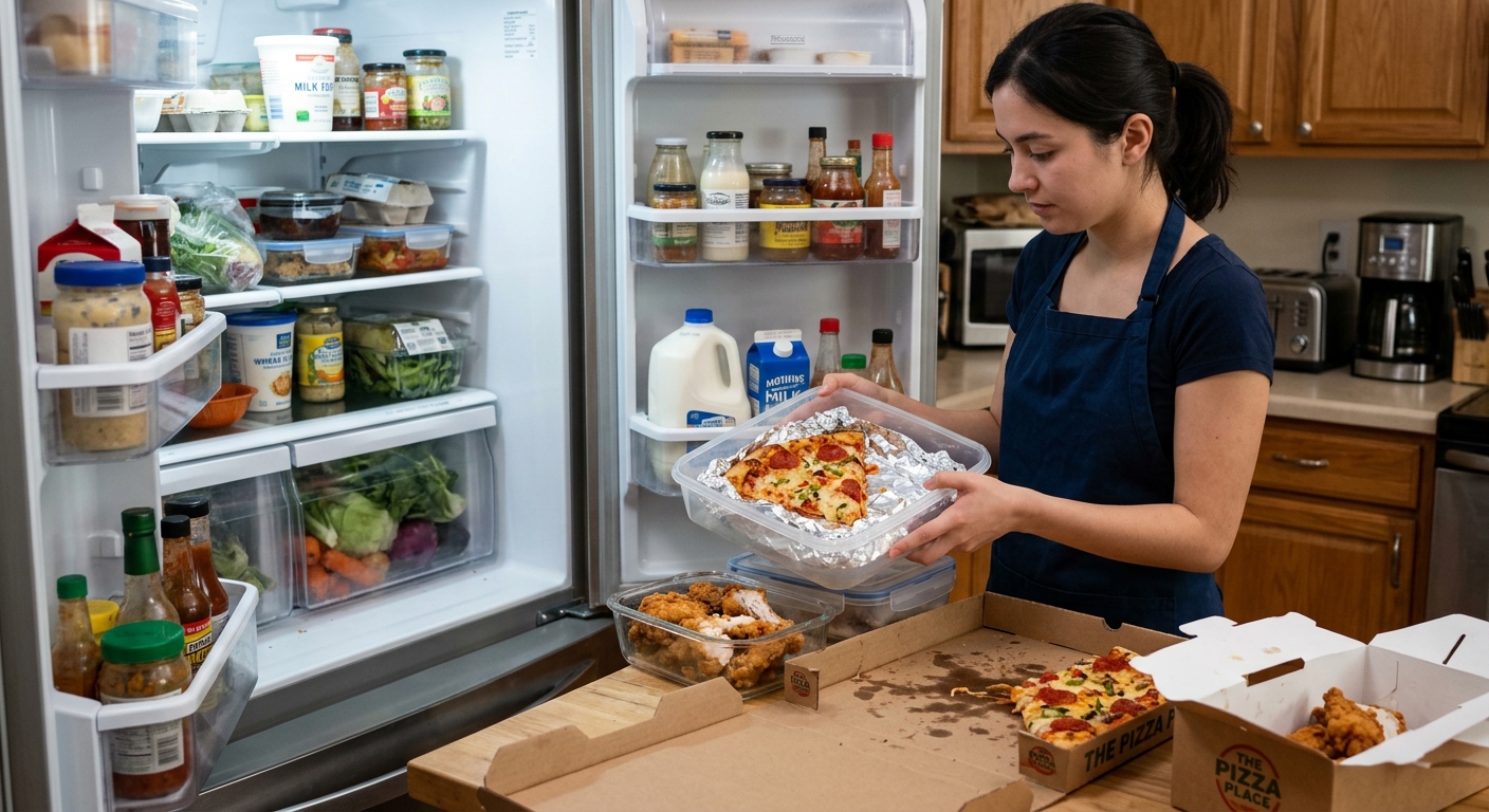 남은 피자 조각을 종이 상자에서 꺼내 밀폐 보관하는 장면