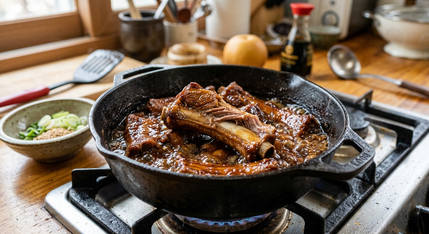 넓은 팬에서 양념과 함께 졸여지는 등갈비와 대파의 모습
