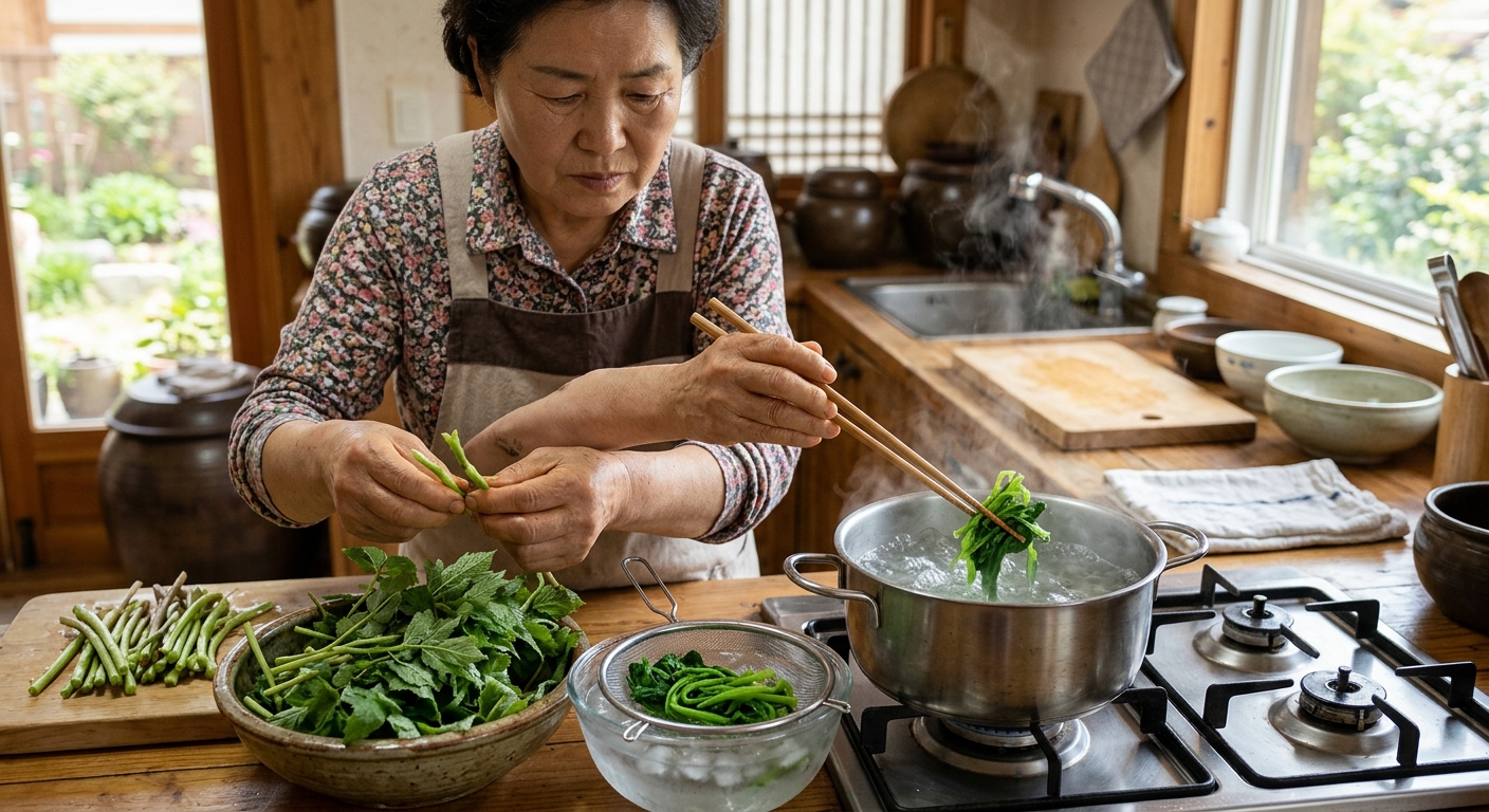 끓는 물에 살짝 데친 뒤 찬물에 헹구는 눈개승마 손질 과정