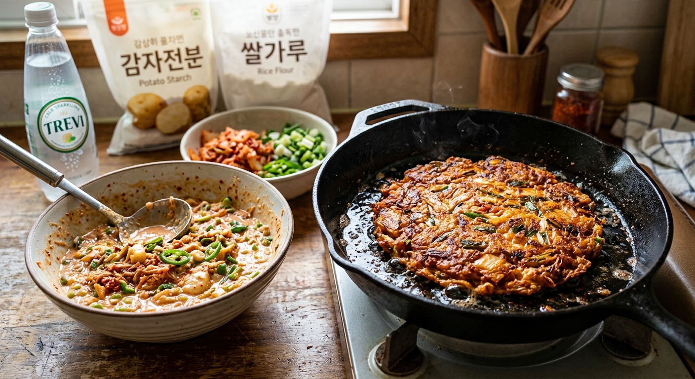 노릇하게 구워진 김치전과 반죽 재료가 함께 놓인 주방 장면