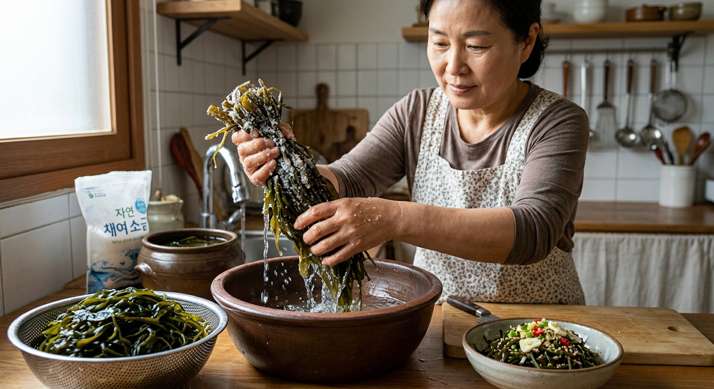 유리볼에 담긴 염장 꼬시래기를 찬물에 불려 손질하는 모습