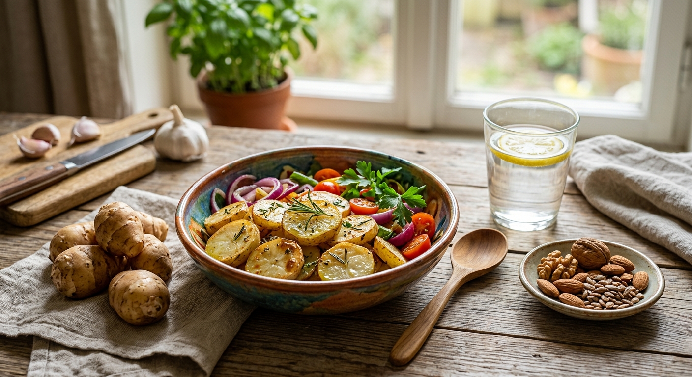 신선한 돼지감자와 얇게 썬 샐러드 재료가 함께 놓인 모습