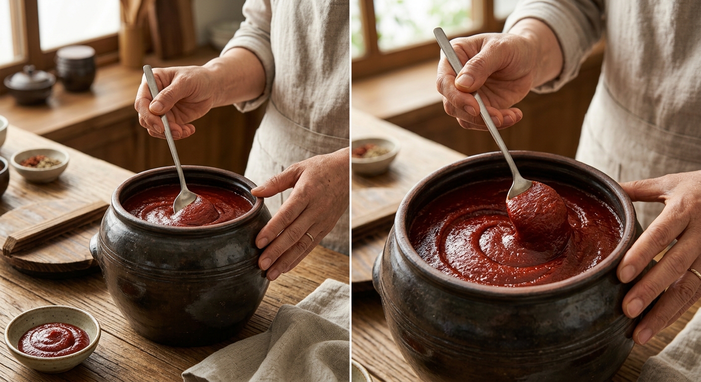 마른 숟가락 뒷면으로 고추장을 떠서 냄비에 넣는 과정