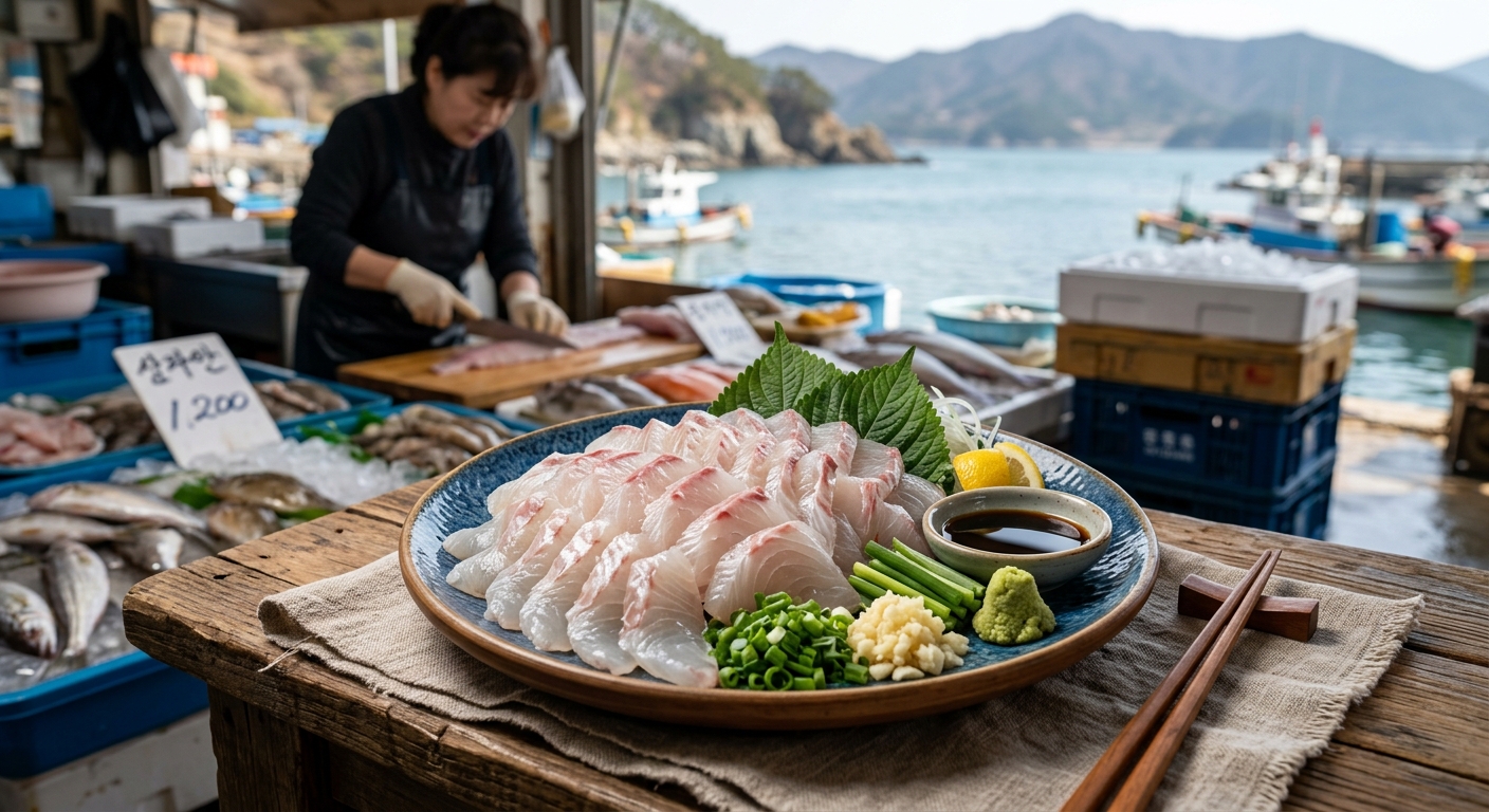 남해안 수산시장에서 산지 표시와 함께 진열된 숭어