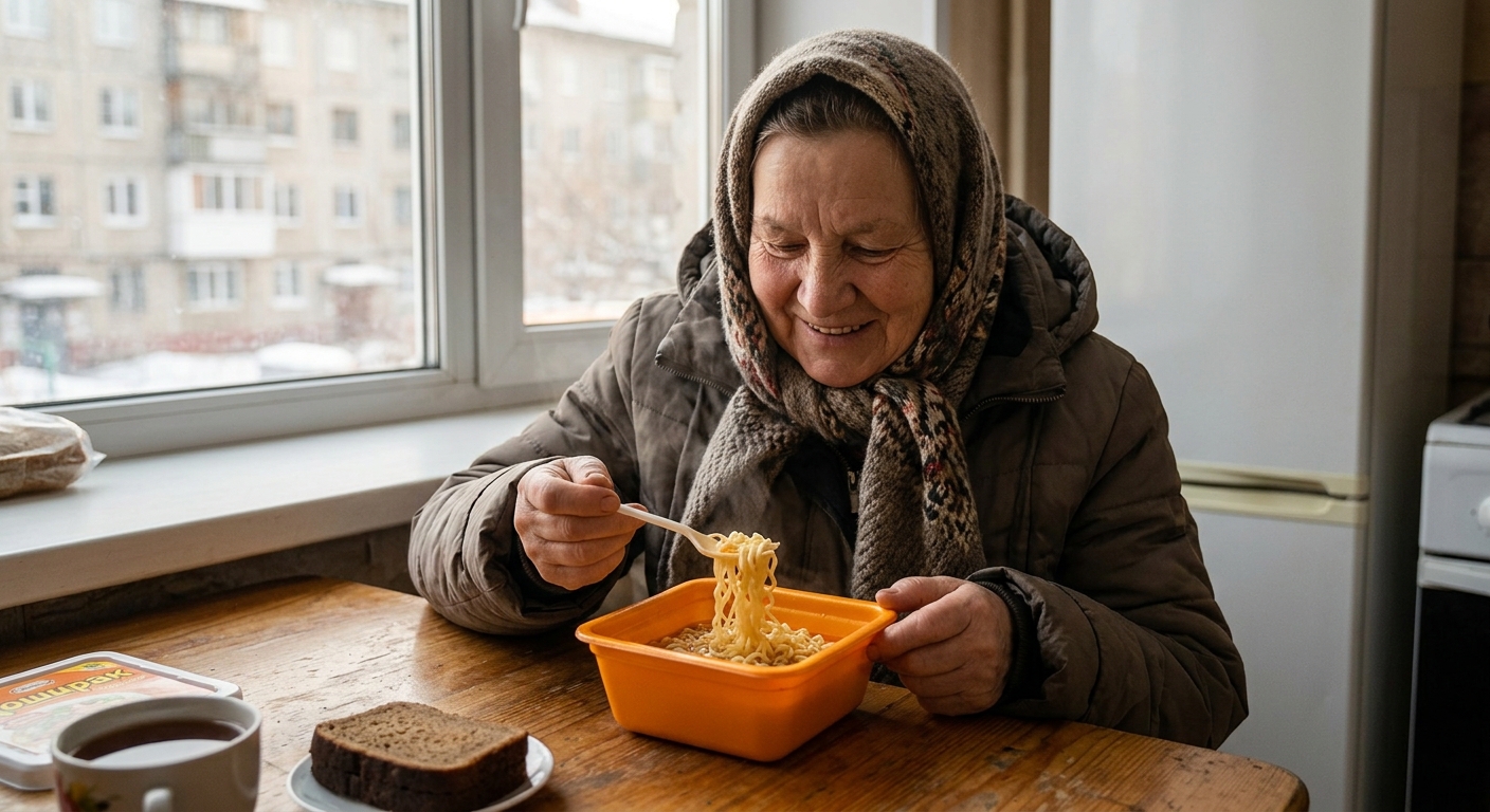 포크가 포함된 컵라면과 다양한 현지 맞춤 맛을 보여주는 이미지