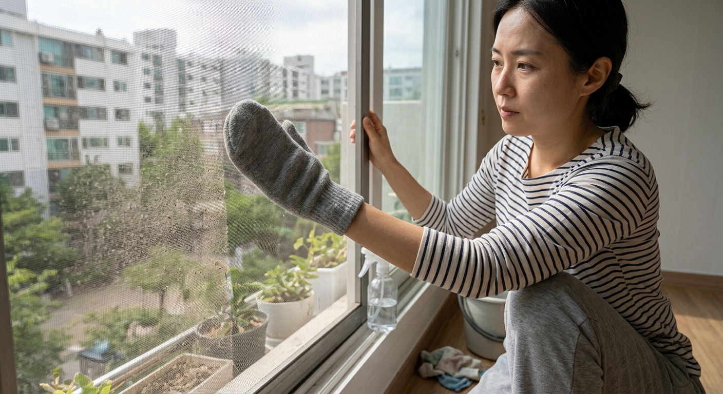 수면양말을 손에 끼고 방충망을 단계적으로 청소하는 모습