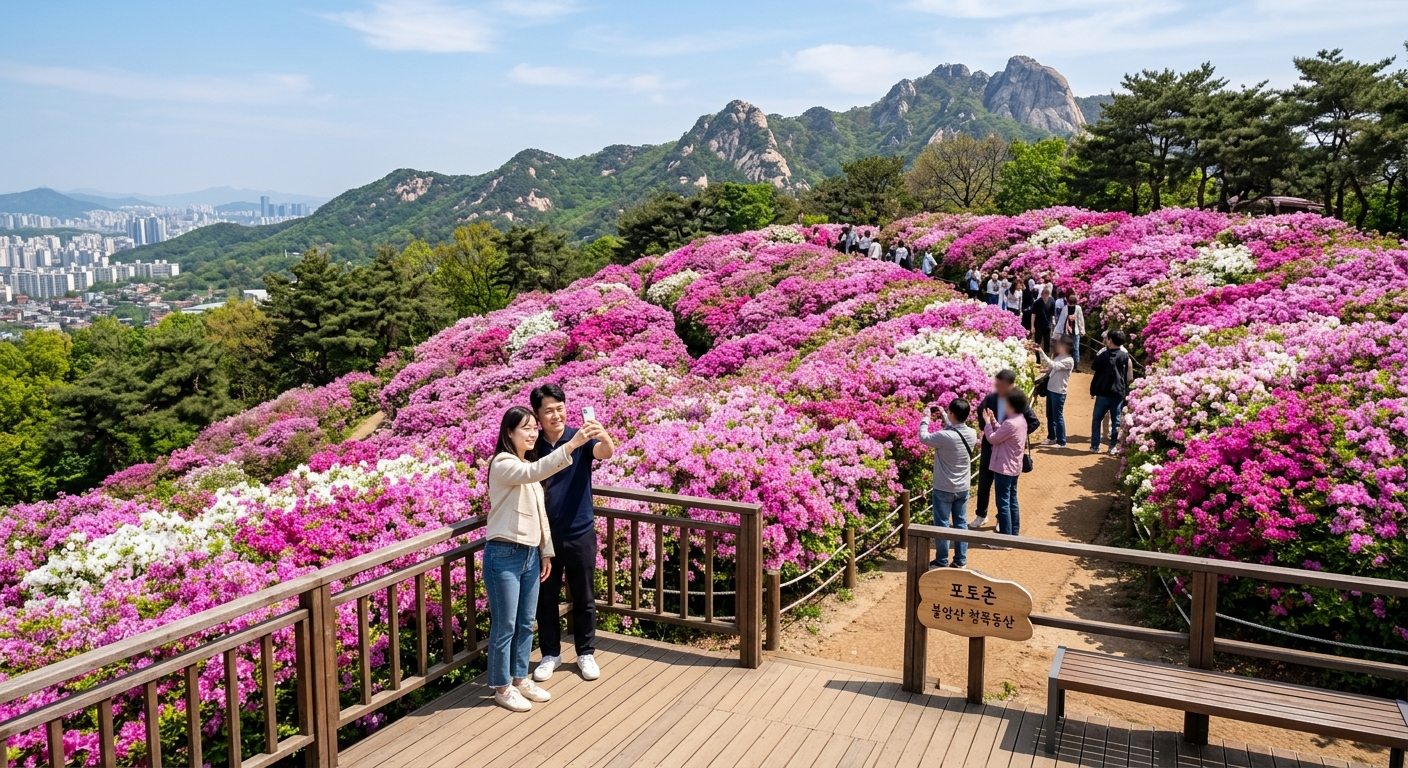 양옆으로 철쭉이 가득한 중앙 계단에서 인물 사진을 촬영하기 좋은 장면