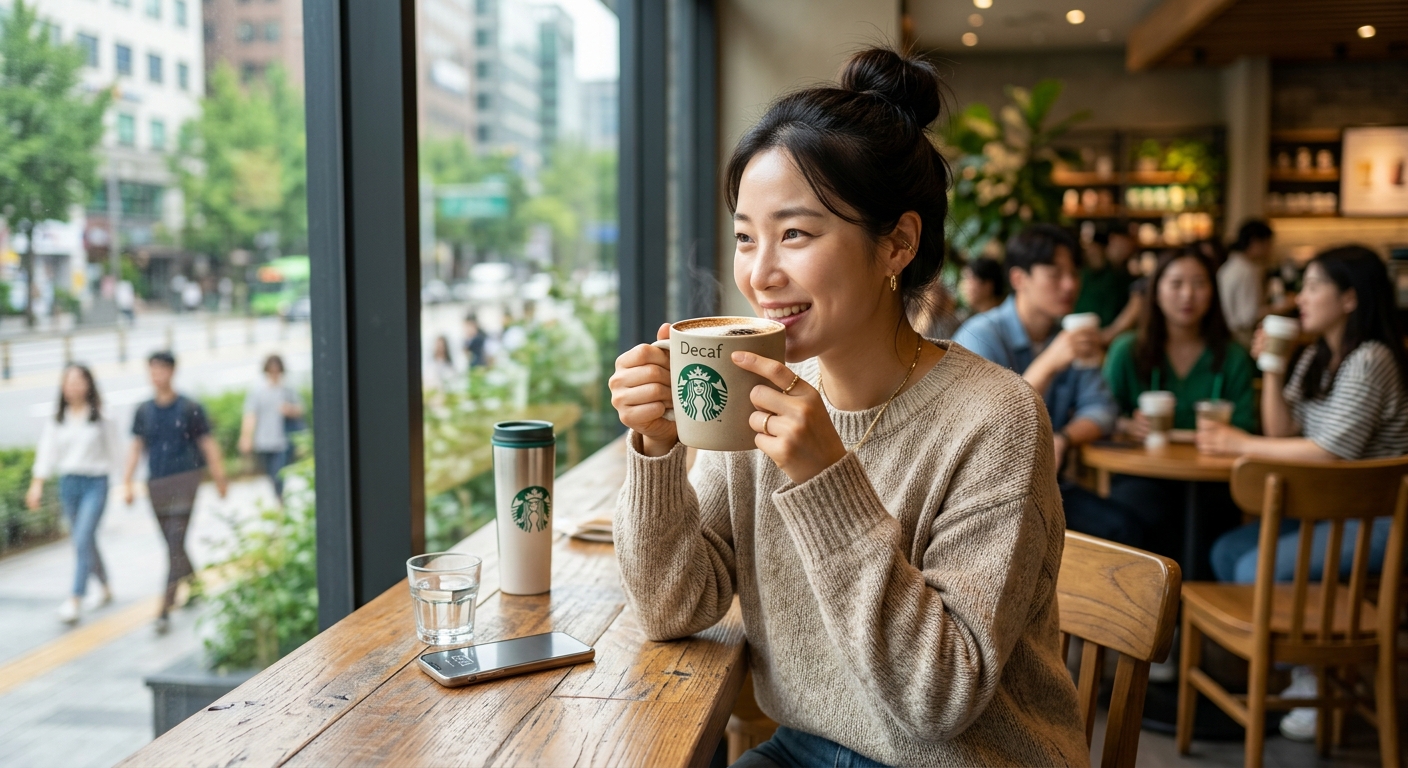 운동복 차림의 젊은 고객이 카페에서 디카페인 커피를 들고 있는 모습