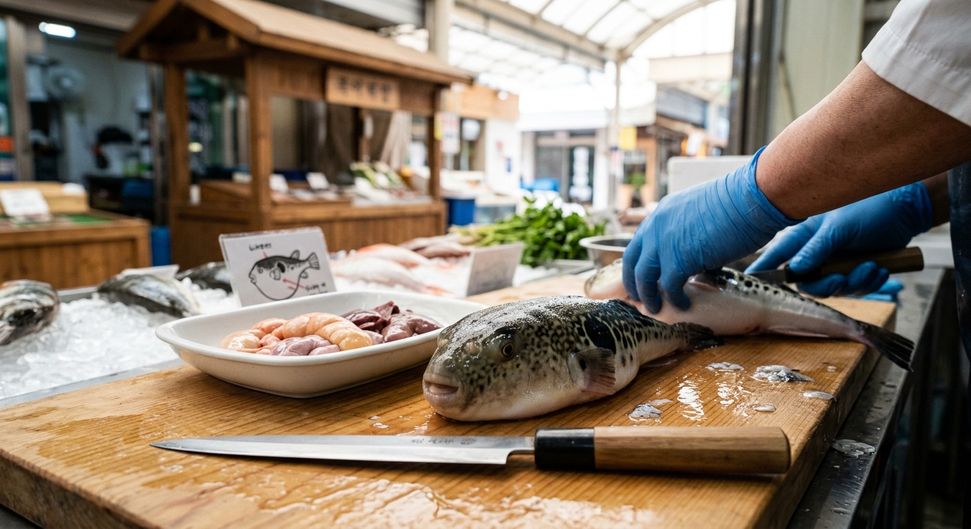 봄철 수산시장 분위기와 복어가 진열된 모습